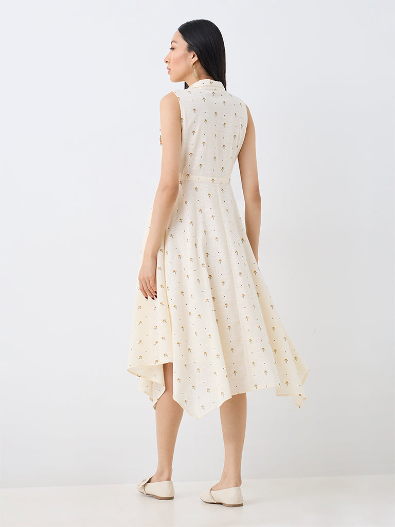 Bombay Paisley Off-White Floral Embroidered Cotton Asymmetrical Dress