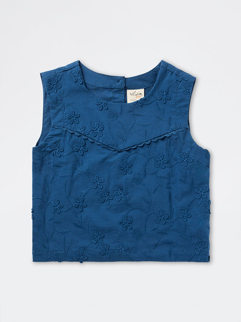 Utsa Kids Girls Dark Blue Floral Embroidered Cotton Top - (8-14 yrs)