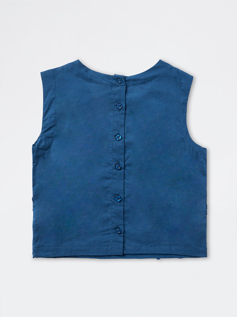 Utsa Kids Girls Dark Blue Floral Embroidered Cotton Top - (8-14 yrs)