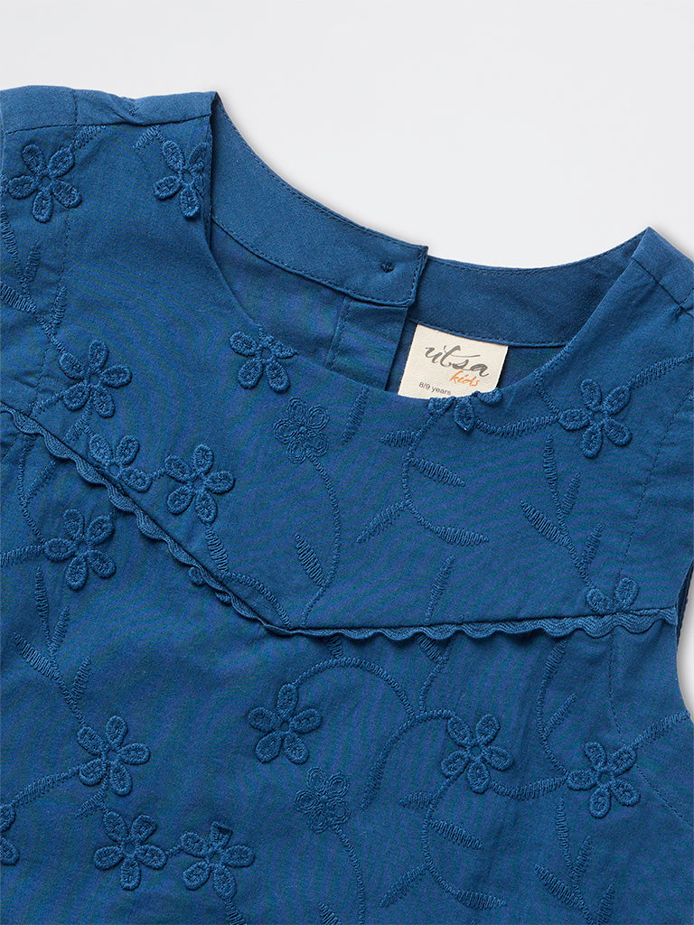 Utsa Kids Girls Dark Blue Floral Embroidered Cotton Top - (8-14 yrs)