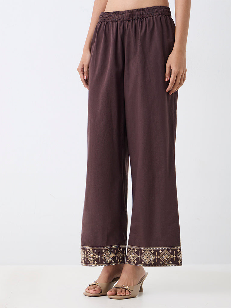 Utsa Dark Brown Geometric Embroidered Cotton-Blend Pants