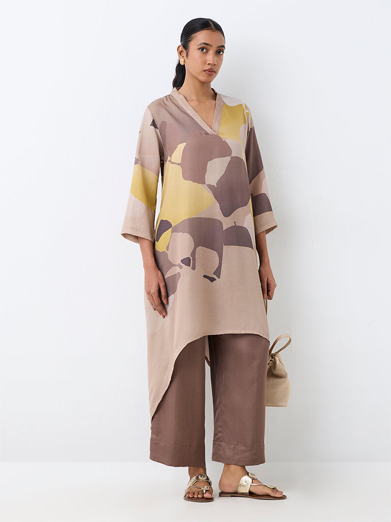 Zuba Beige Abstract Printed Asymmetrical Kurta