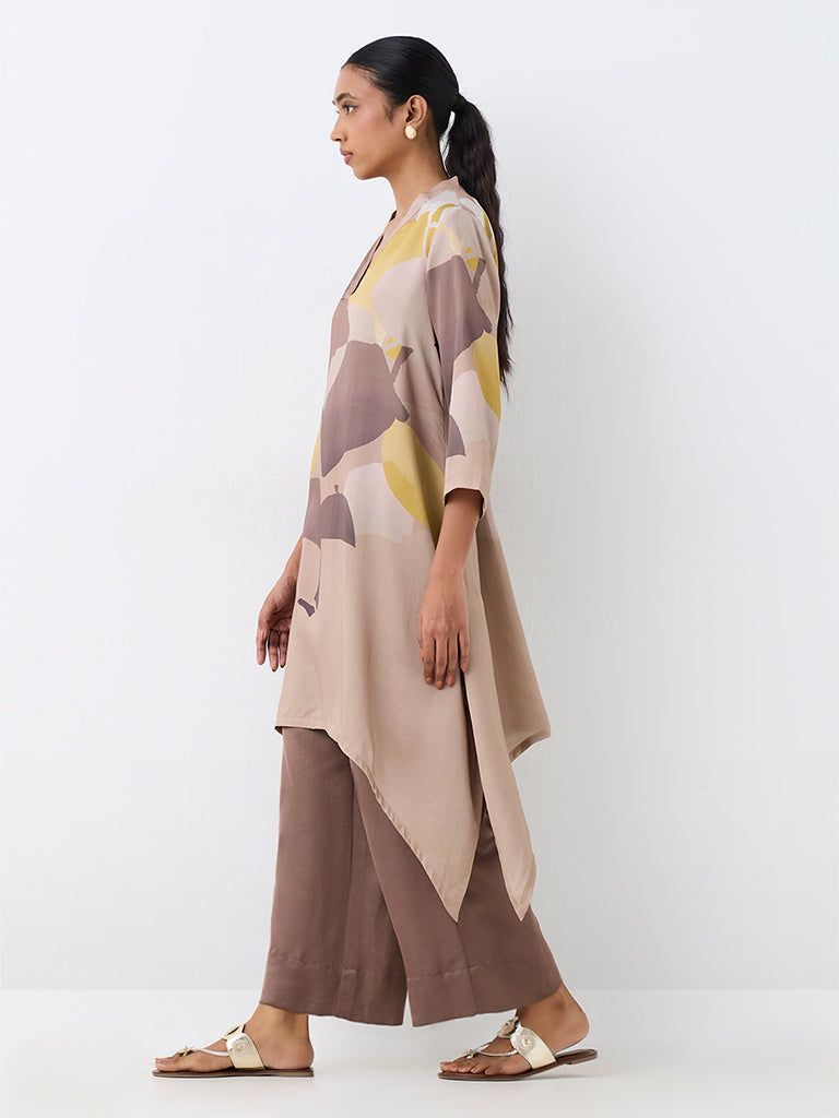 Zuba Beige Abstract Printed Asymmetrical Kurta