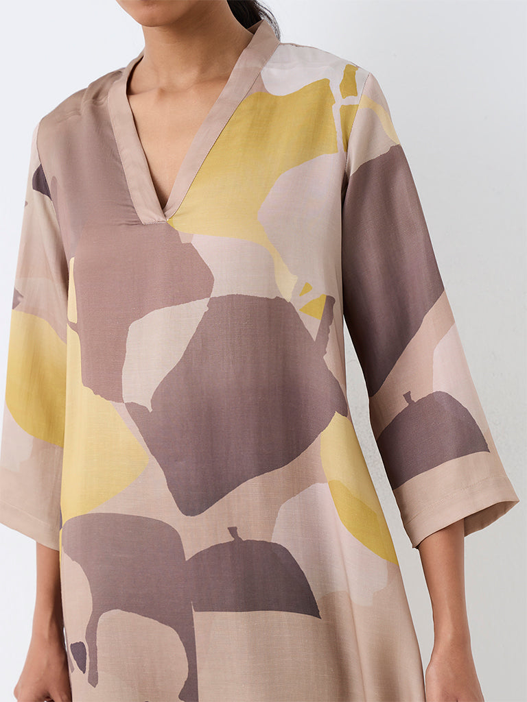 Zuba Beige Abstract Printed Asymmetrical Kurta