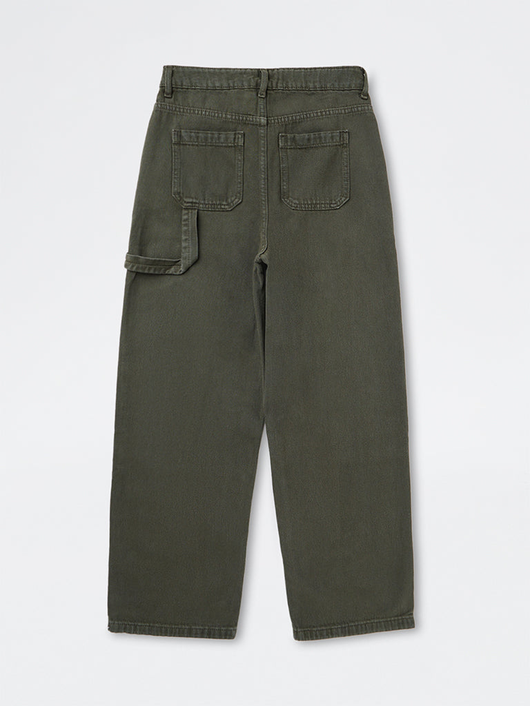 Boys Dark Olive Solid Mid-Rise Relaxed Fit Jeans