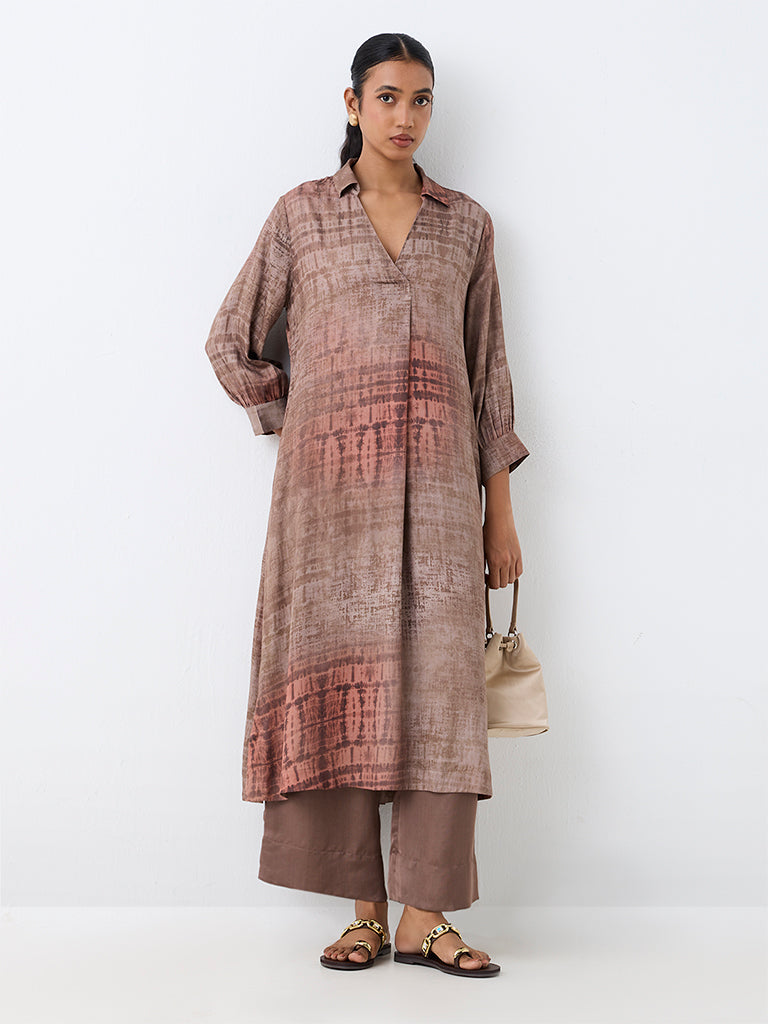 Zuba Taupe Abstract Printed A-Line Kurta