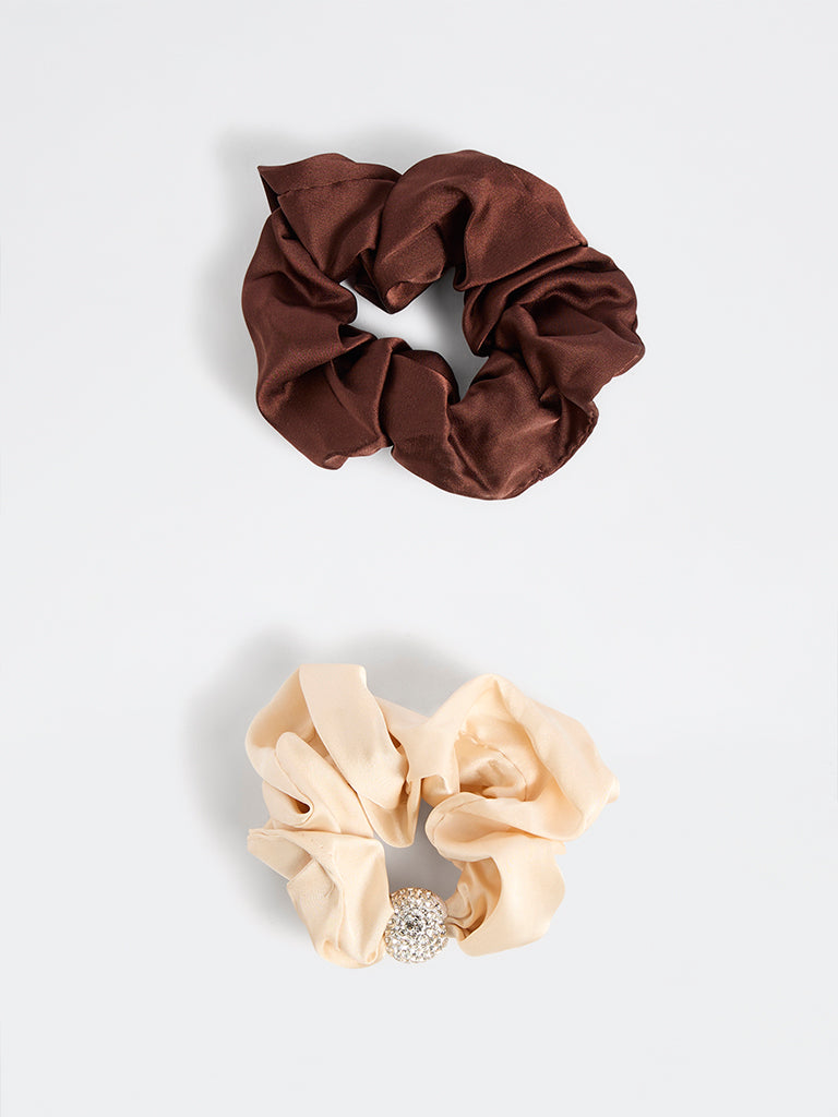 Westside Accessories Brown and Beige Rhinestone-Embellished Satin Scrunchies - Pack of 2