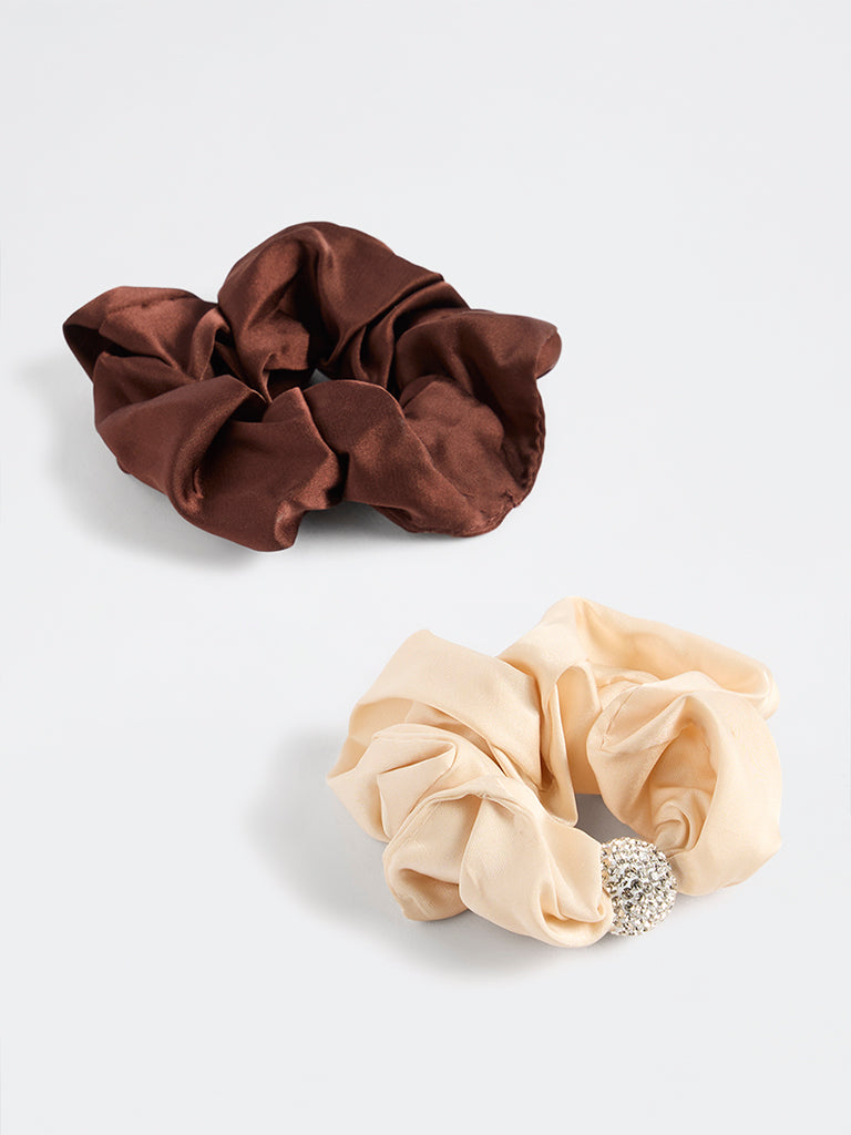 Westside Accessories Brown and Beige Rhinestone-Embellished Satin Scrunchies - Pack of 2