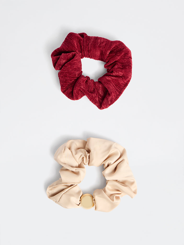 Westside Accessories Red and Beige Gold-Beaded Hair Scrunchies - Pack of 2