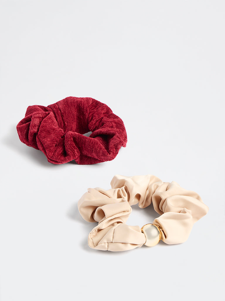 Westside Accessories Red and Beige Gold-Beaded Hair Scrunchies - Pack of 2