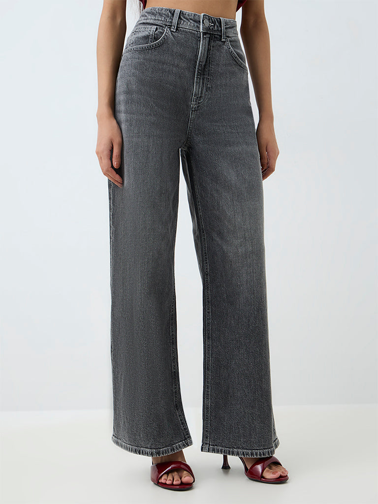 Nuon Dark Grey Washed High-Waist Jeans