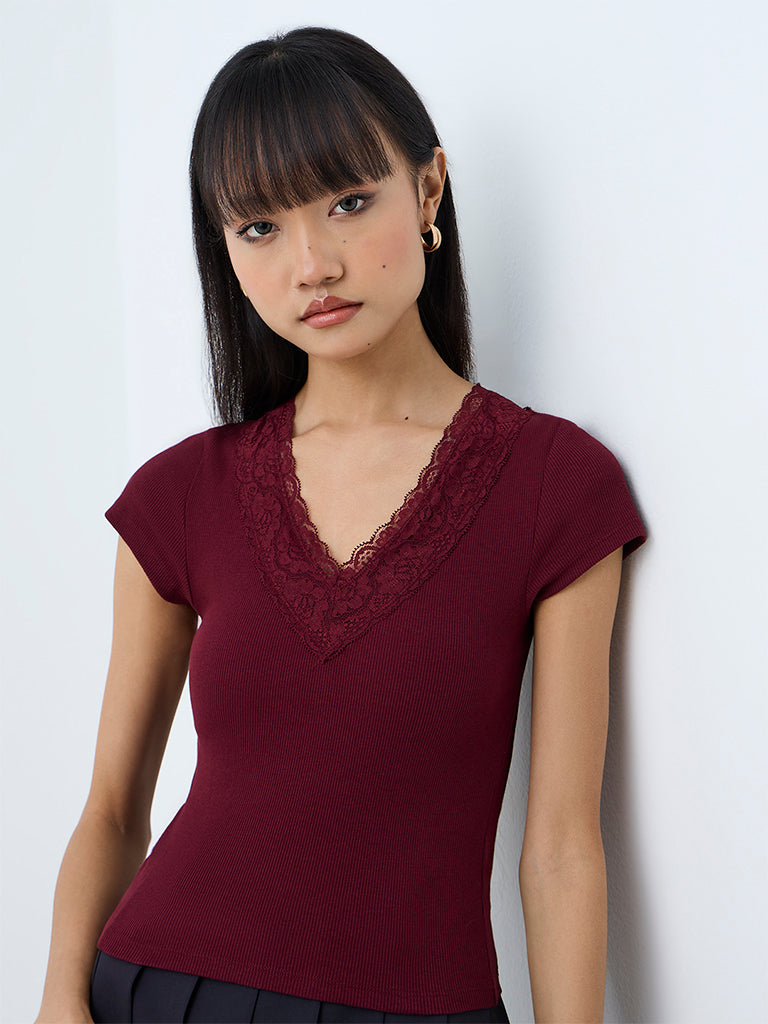 Nuon Burgundy Floral Lace-Detail Cotton-Blend Top