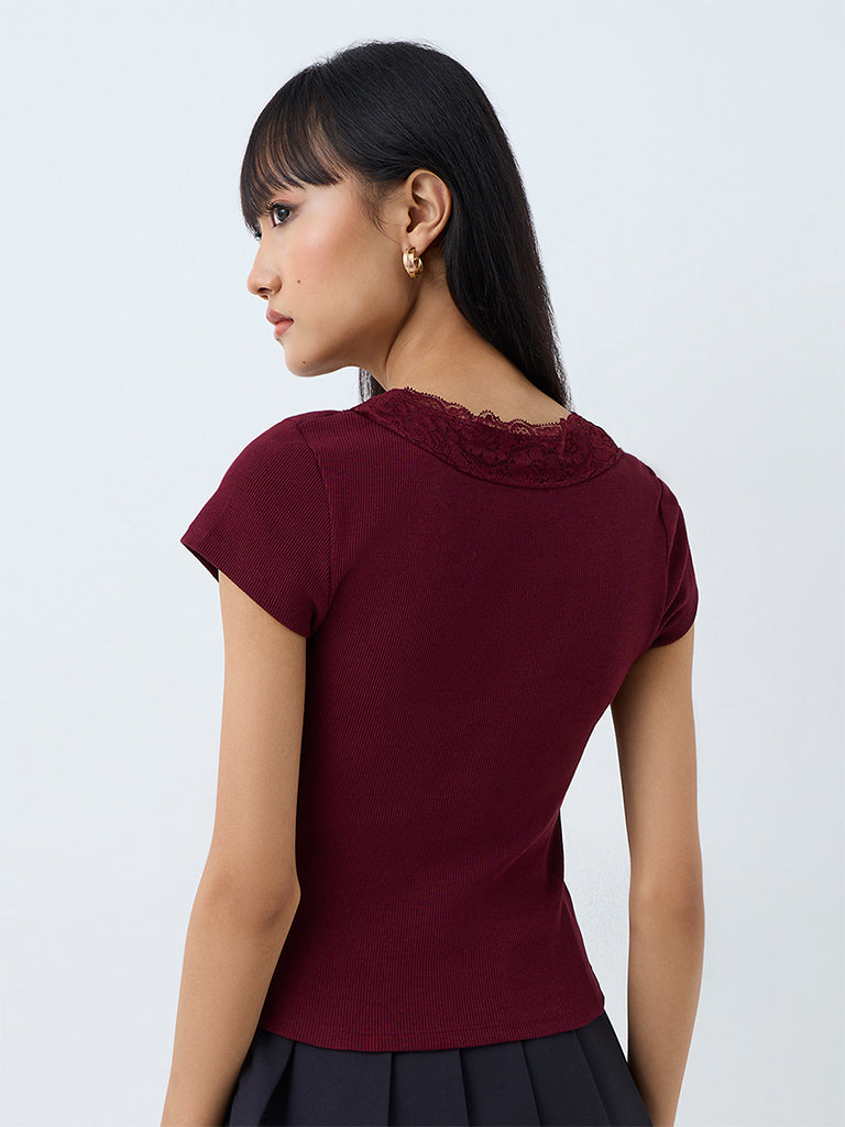 Nuon Burgundy Floral Lace-Detail Cotton-Blend Top