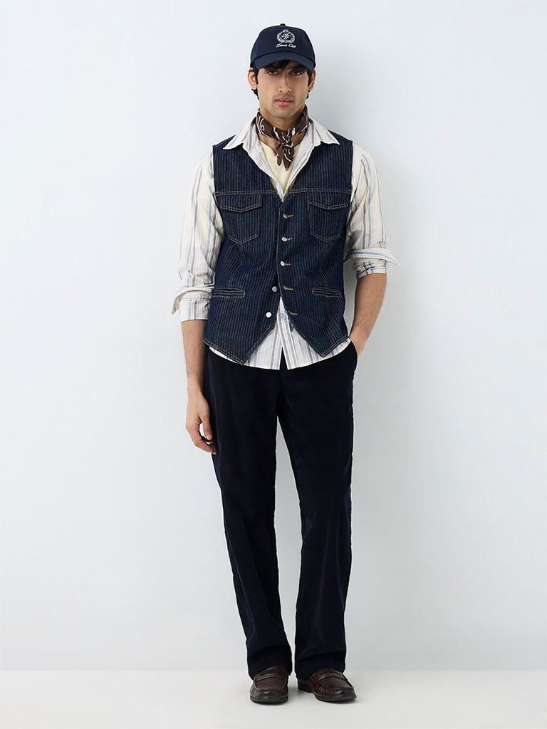 WES Casuals Dark Blue Pinstripe Slim-Fit Denim Waistcoat