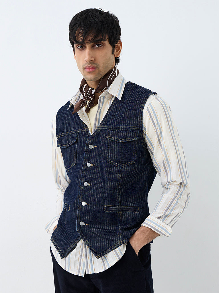 WES Casuals Dark Blue Pinstripe Slim-Fit Denim Waistcoat