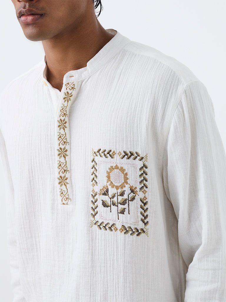 ETA White Floral Embroidered Relaxed-Fit Cotton Shirt