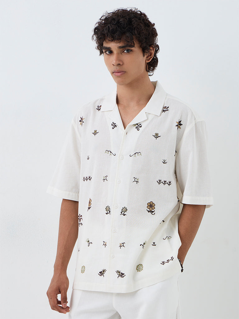 ETA White Embroidered Relaxed-Fit Cotton Shirt