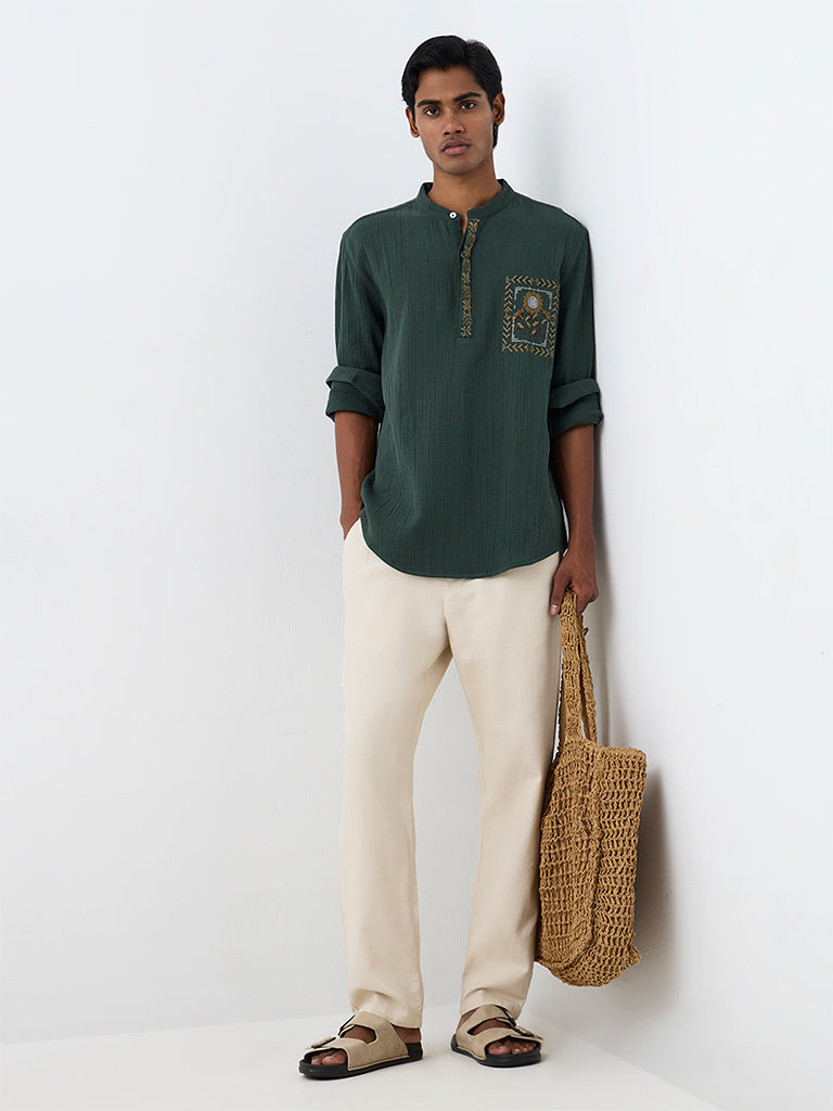 ETA Dark Green Floral Embroidered Relaxed-Fit Cotton Shirt