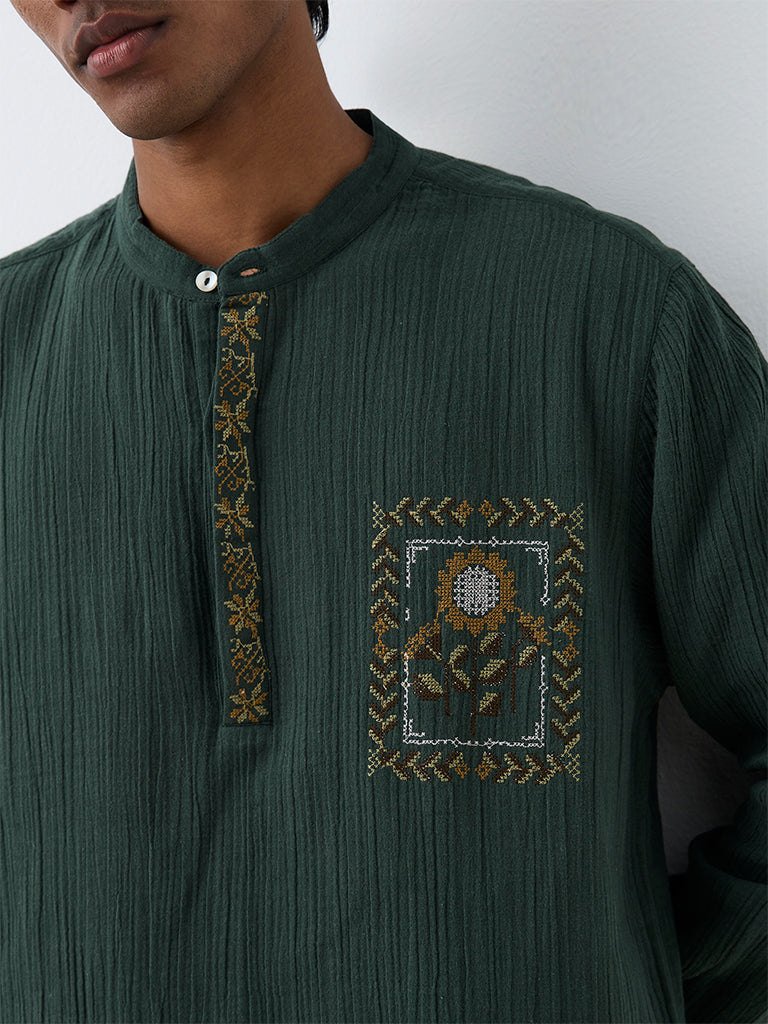 ETA Dark Green Floral Embroidered Relaxed-Fit Cotton Shirt
