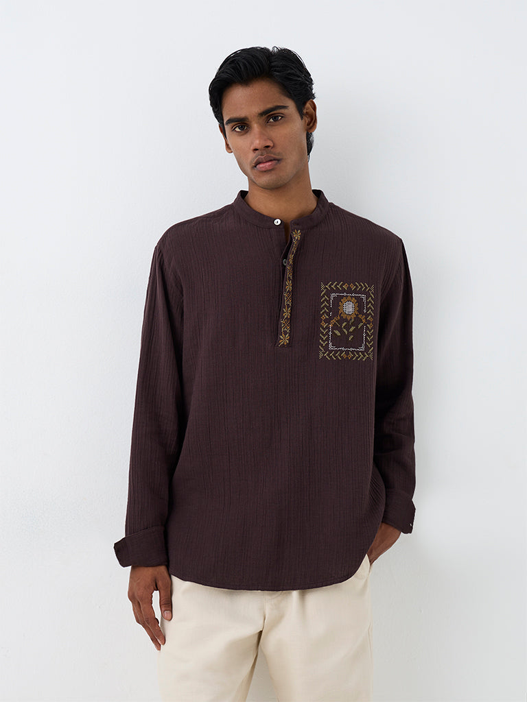 ETA Dark Brown Floral Embroidered Relaxed-Fit Cotton Shirt