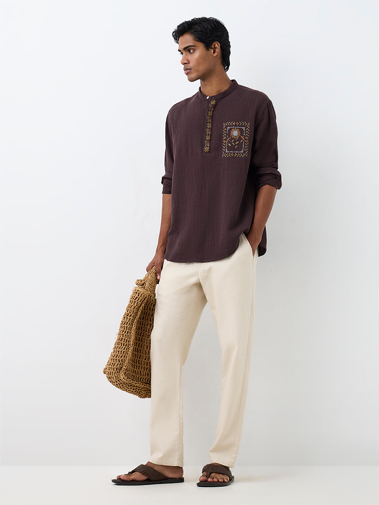 ETA Dark Brown Floral Embroidered Relaxed-Fit Cotton Shirt