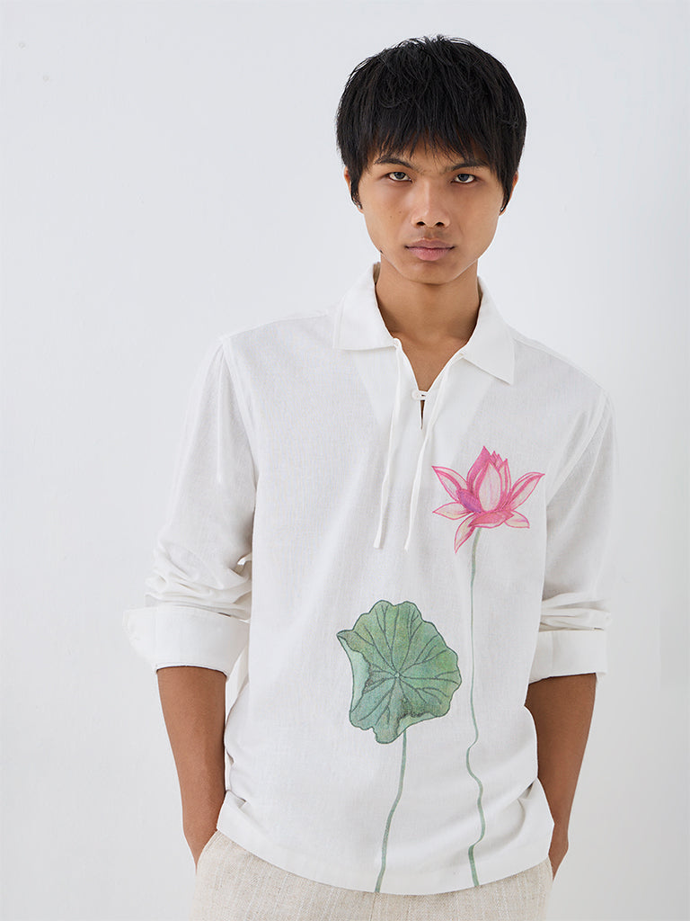 ETA White Floral Printed Relaxed-Fit Cotton Shirt