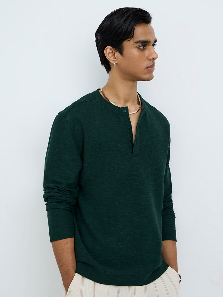 ETA Dark Green Textured Relaxed-Fit Henley T-Shirt