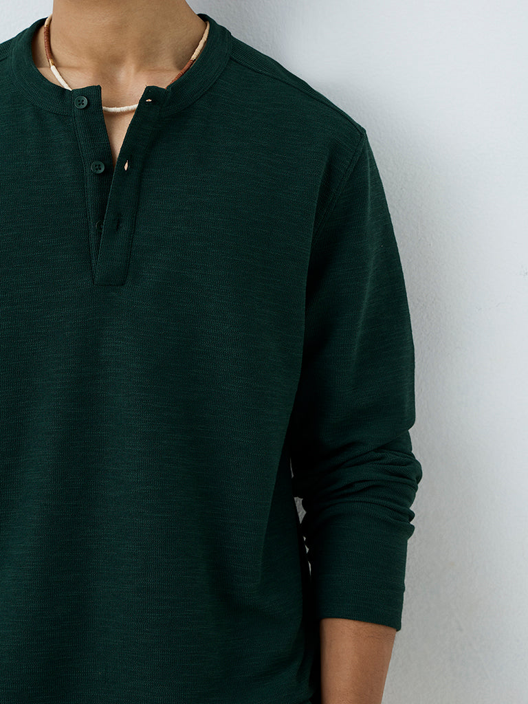 ETA Dark Green Textured Relaxed-Fit Henley T-Shirt