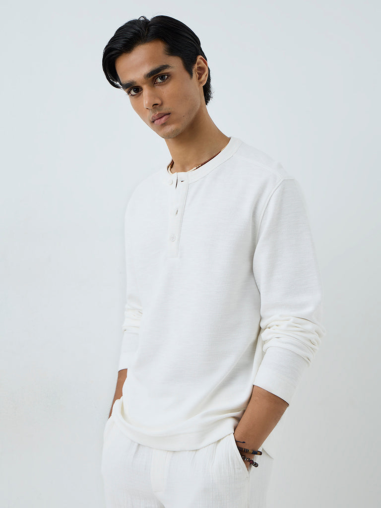 ETA White Textured Relaxed-Fit Henley T-Shirt