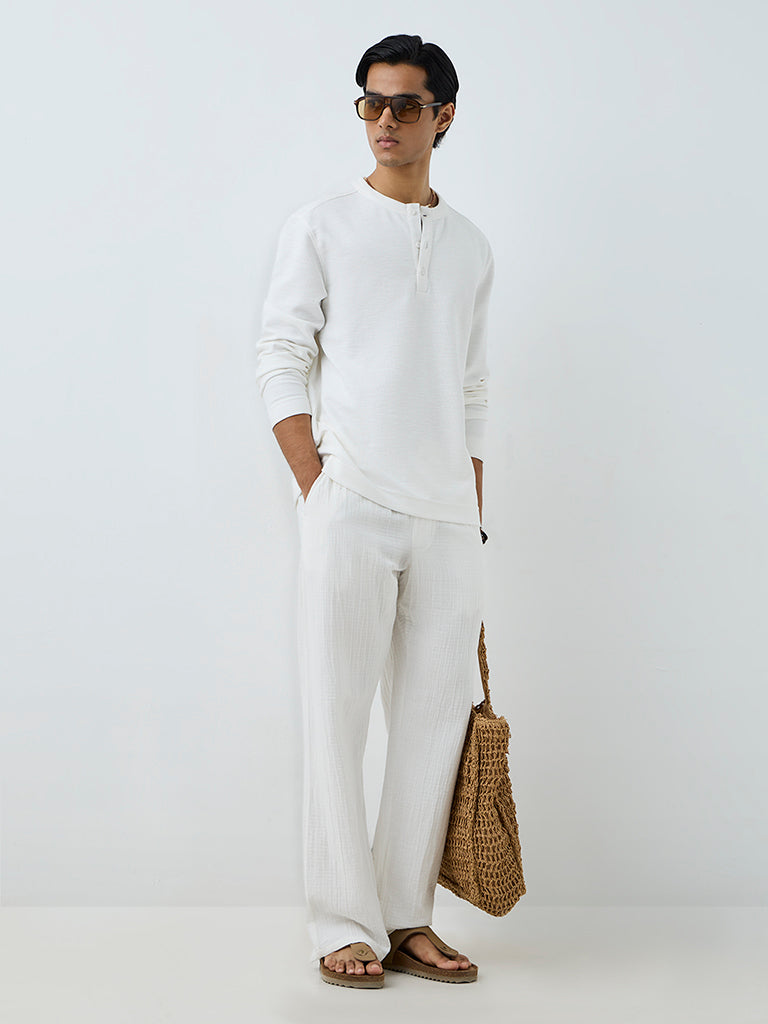 ETA White Textured Relaxed-Fit Henley T-Shirt