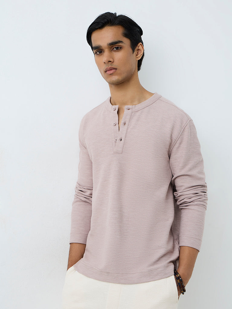 ETA Light Mauve Textured Relaxed-Fit Henley T-Shirt