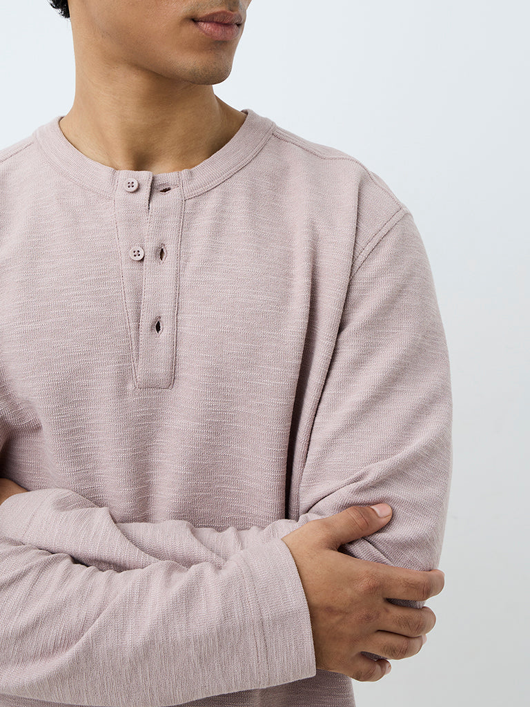 ETA Light Mauve Textured Relaxed-Fit Henley T-Shirt