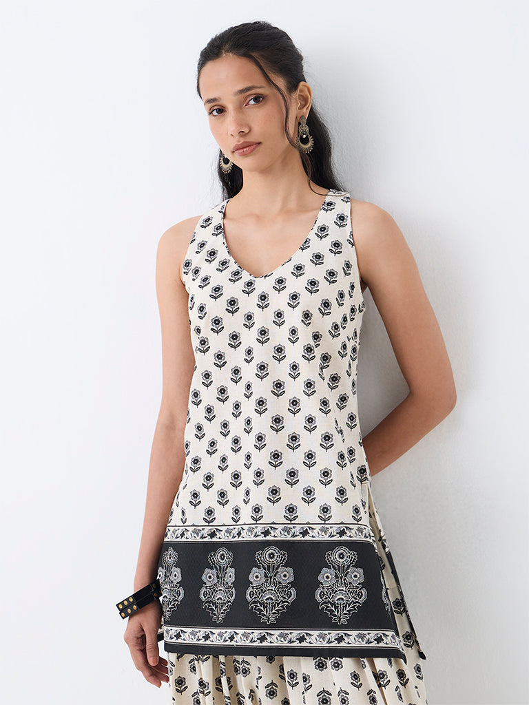 Utsa Off-White Floral Printed Cotton Tunic