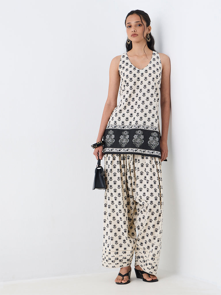 Utsa Off-White Floral Printed Cotton Tunic