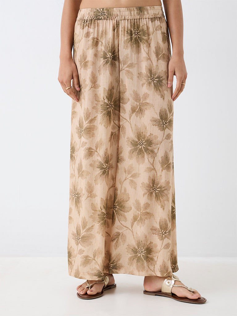 Zuba Light Beige Floral Printed Palazzos