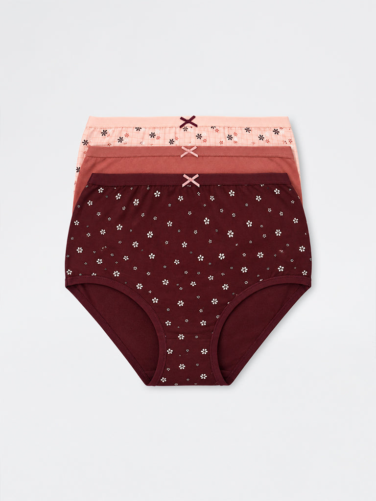 Wunderlove Peach Floral Printed Cotton-Blend Full Briefs - Pack of 3