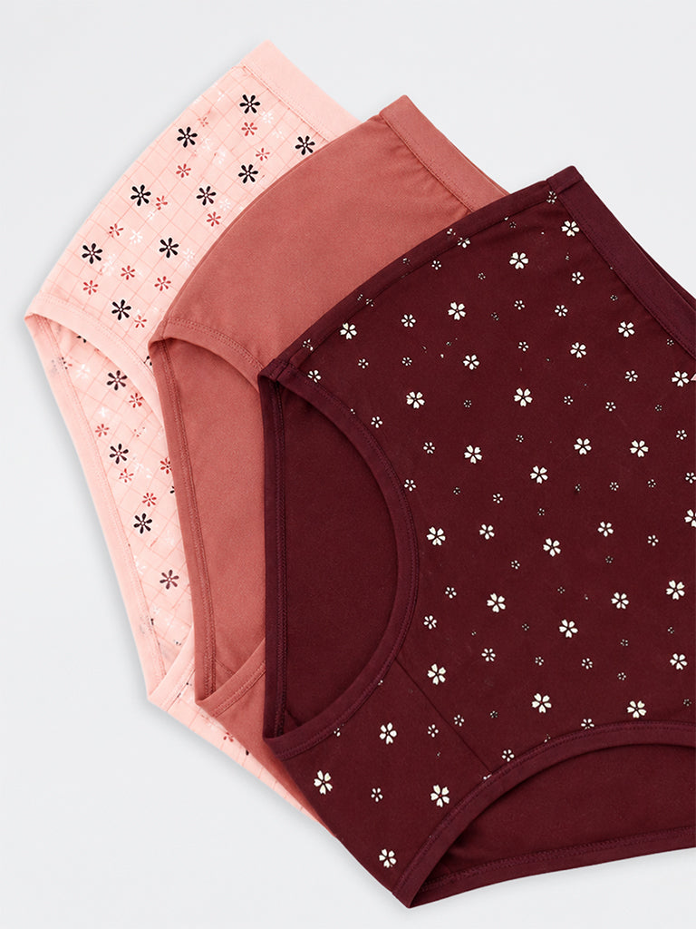 Wunderlove Peach Floral Printed Cotton-Blend Full Briefs - Pack of 3