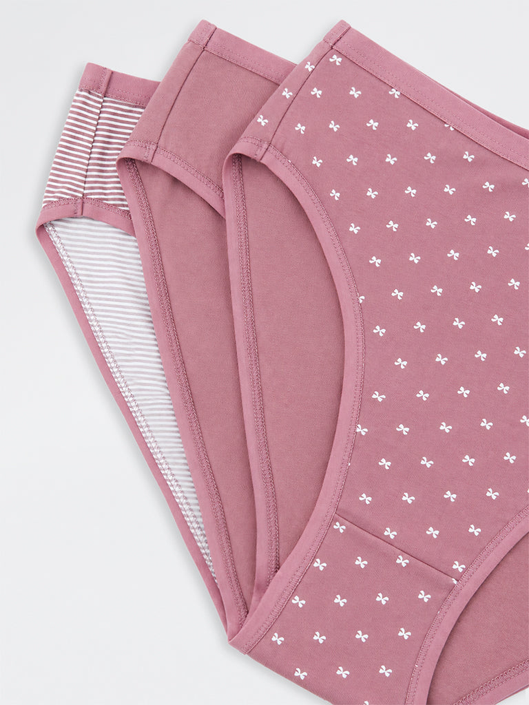 Wunderlove Dusty Pink Text Printed Cotton-Blend Hi-Leg Briefs - Pack of 3