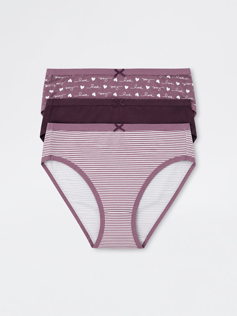 Wunderlove Purple Striped Cotton-Blend Hi-Leg Briefs - Pack of 3
