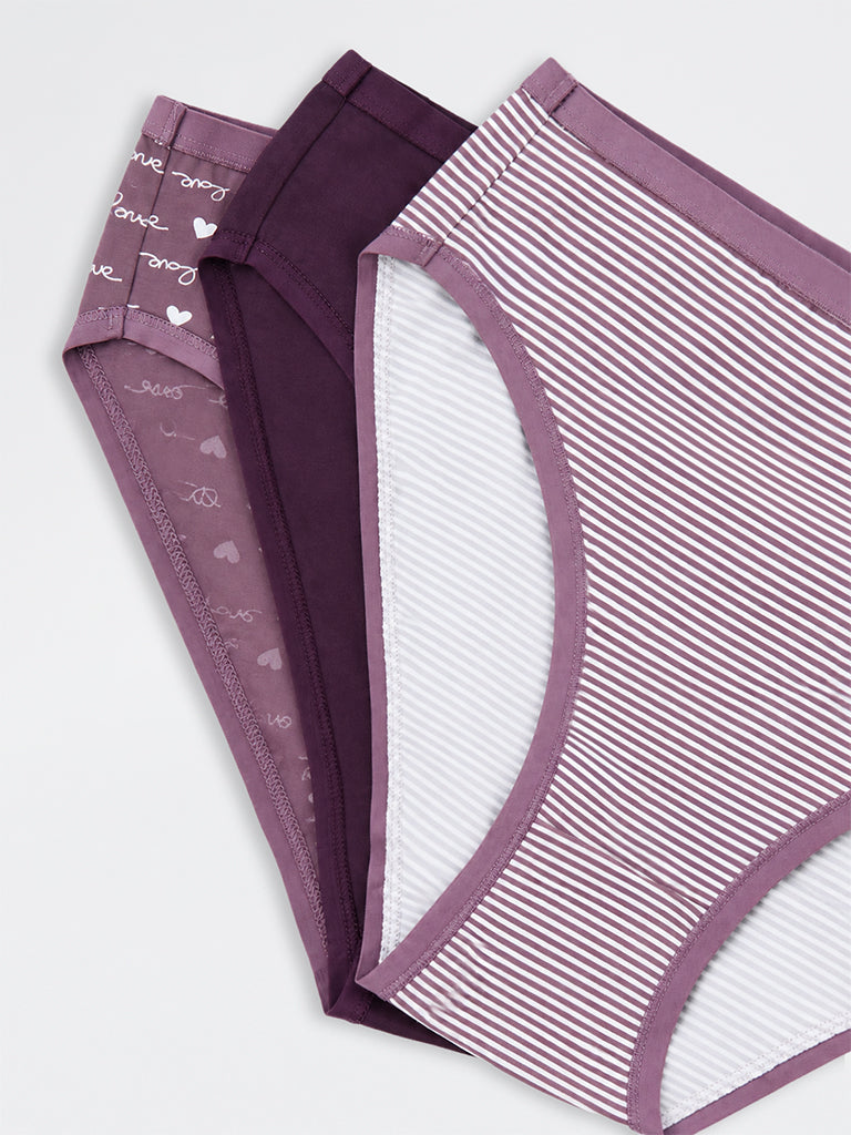 Wunderlove Purple Striped Cotton-Blend Hi-Leg Briefs - Pack of 3