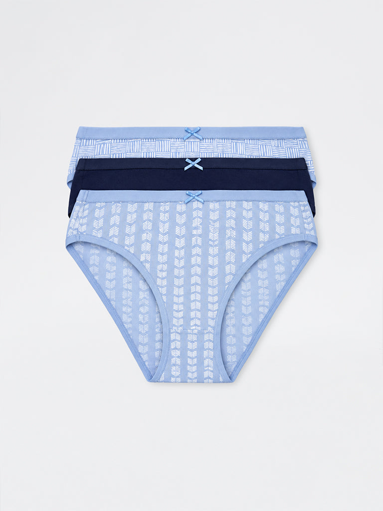 Wunderlove Blue Striped Cotton-Blend Hi-Leg Briefs - Pack of 3