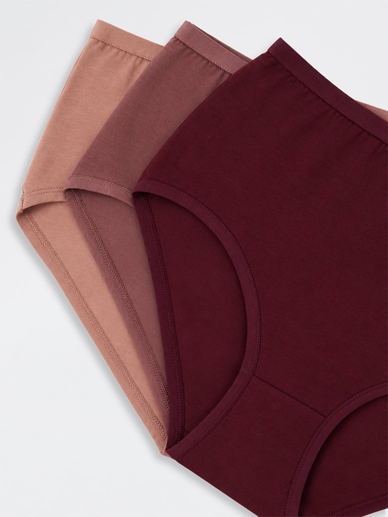 Wunderlove Brown Solid Cotton-Blend High-Rise Briefs - Pack of 3