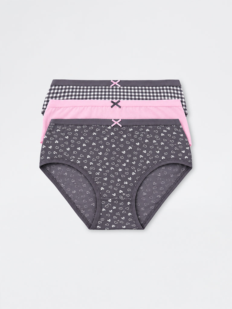 Wunderlove Charcoal Gingham Checkered Cotton-Blend High-Rise Briefs - Pack of 3
