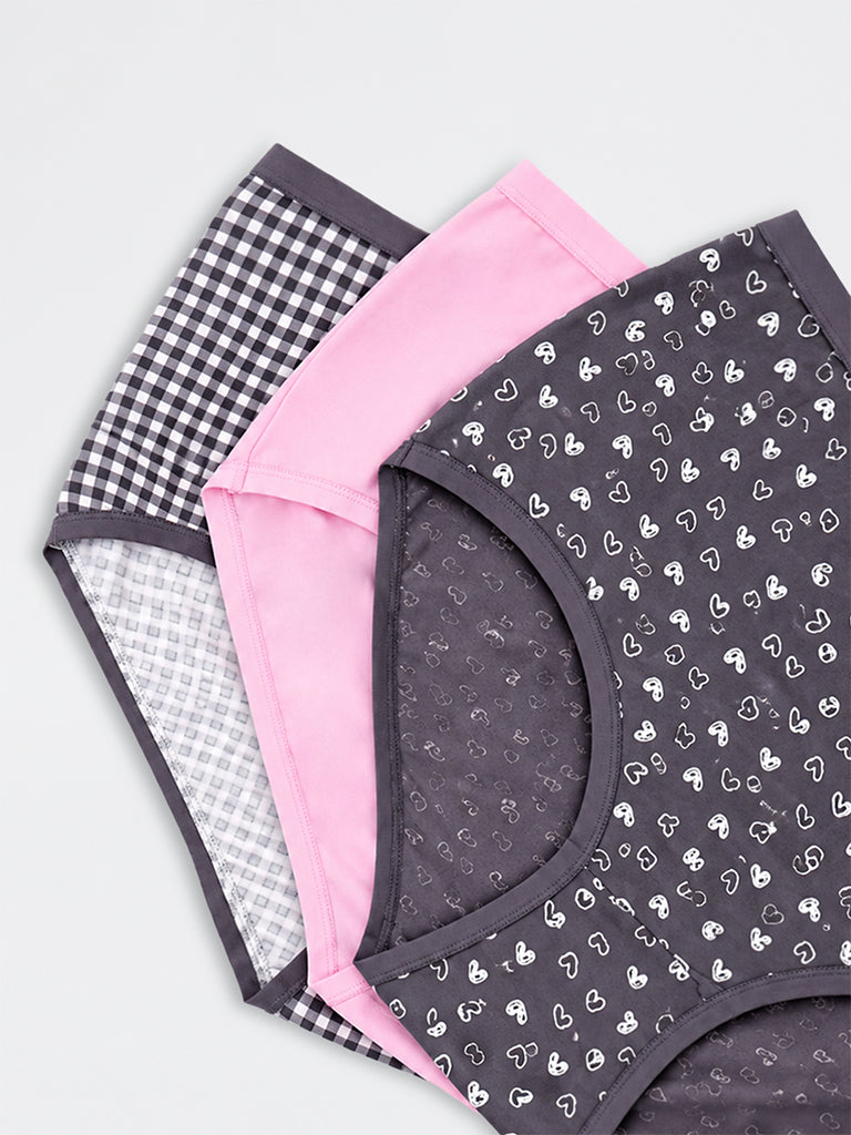 Wunderlove Charcoal Gingham Checkered Cotton-Blend High-Rise Briefs - Pack of 3