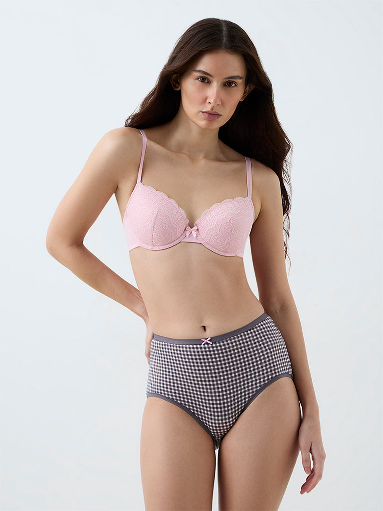 Wunderlove Charcoal Gingham Checkered Cotton-Blend High-Rise Briefs - Pack of 3
