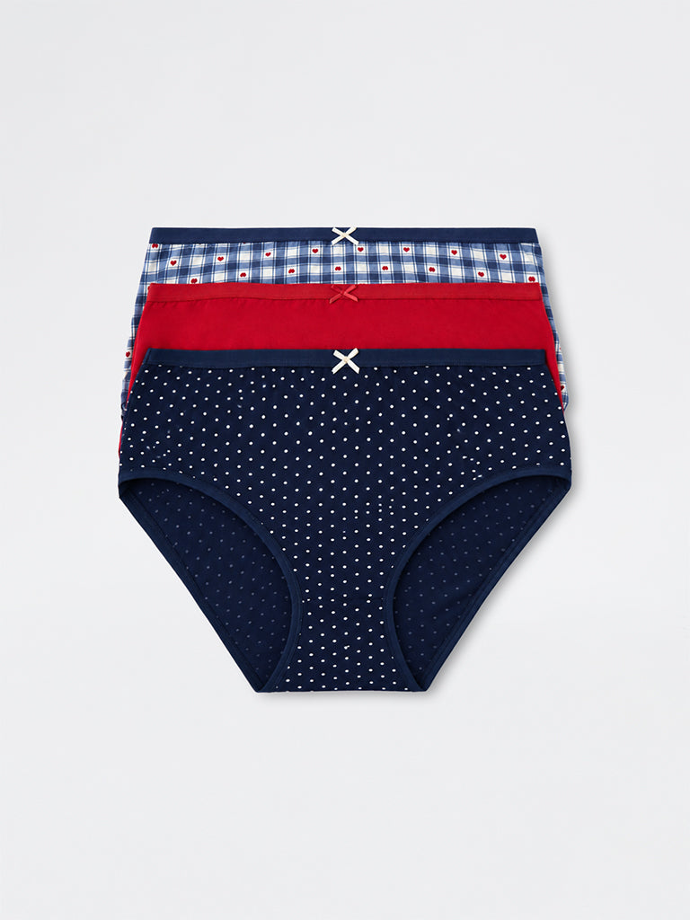 Wunderlove Navy Polka-Dot Printed Cotton-Blend High-Rise Briefs - Pack of 3