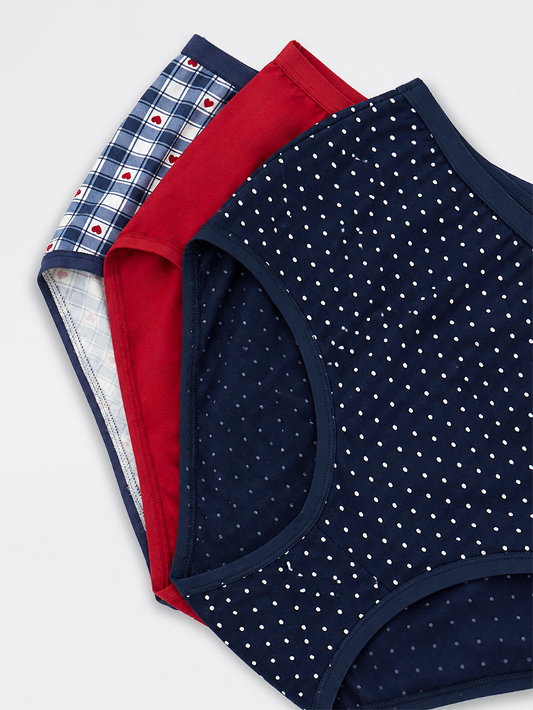 Wunderlove Navy Polka-Dot Printed Cotton-Blend High-Rise Briefs - Pack of 3