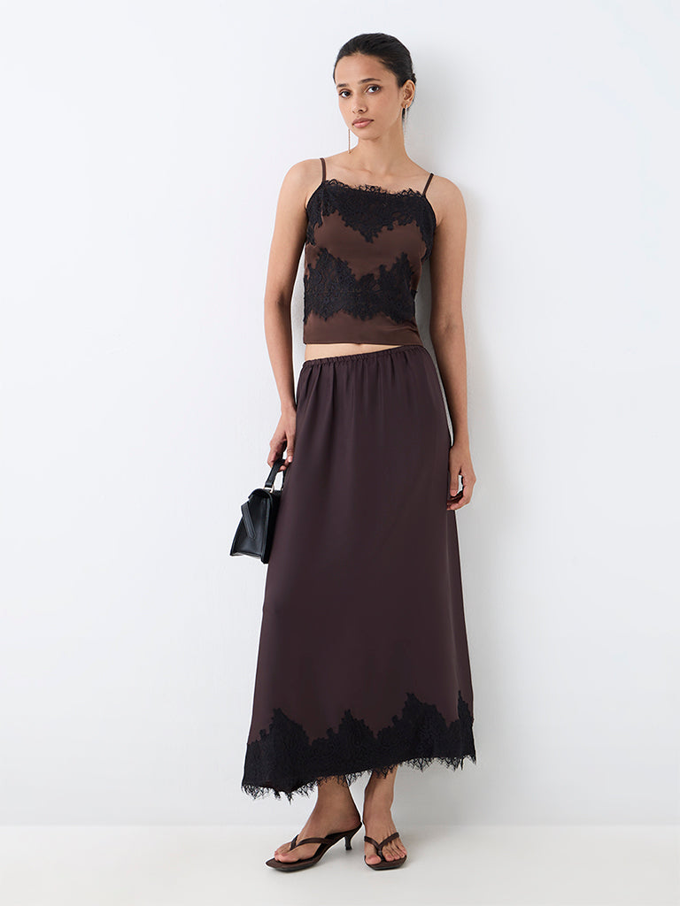 LOV Dark Brown Lace-Detailed Satin Top
