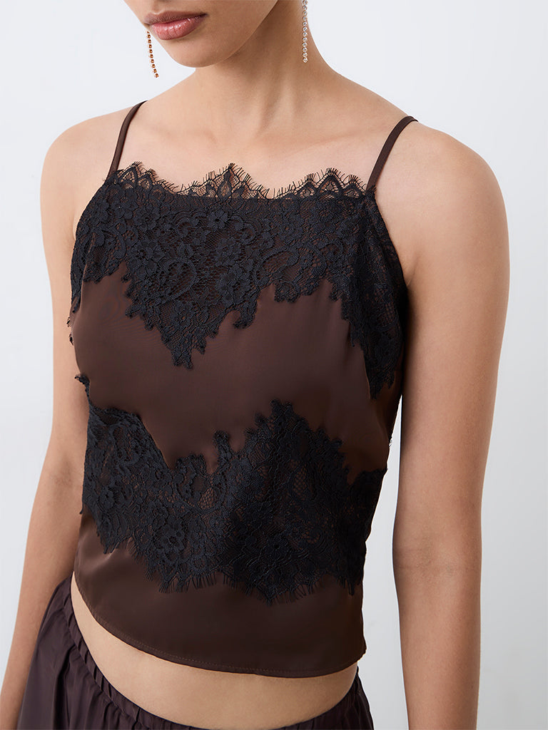 LOV Dark Brown Lace-Detailed Satin Top