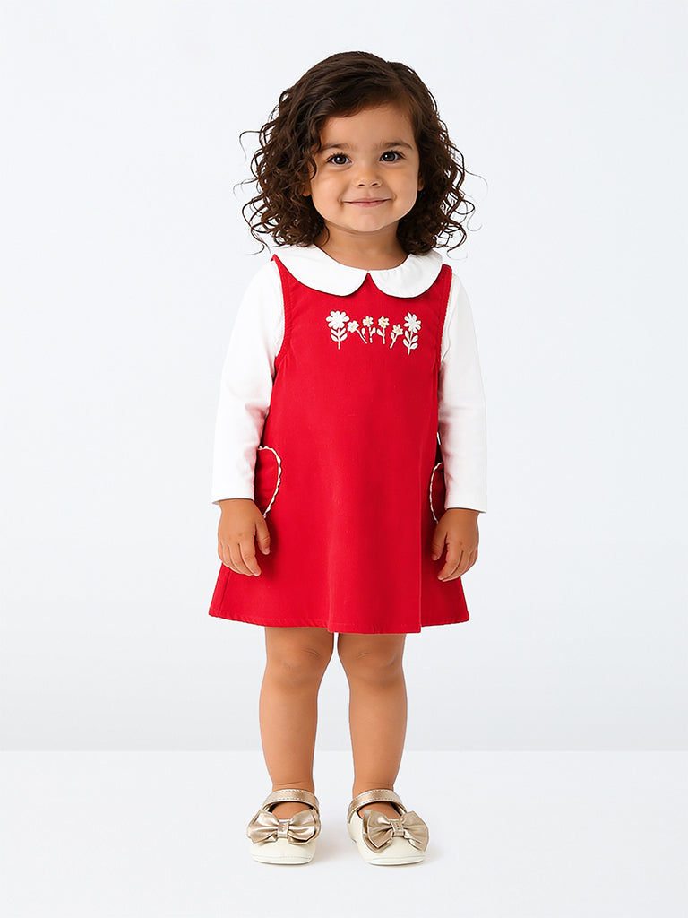 HOP Baby Girls Red Floral Embroidered Cotton Pinafore with T-Shirt Set